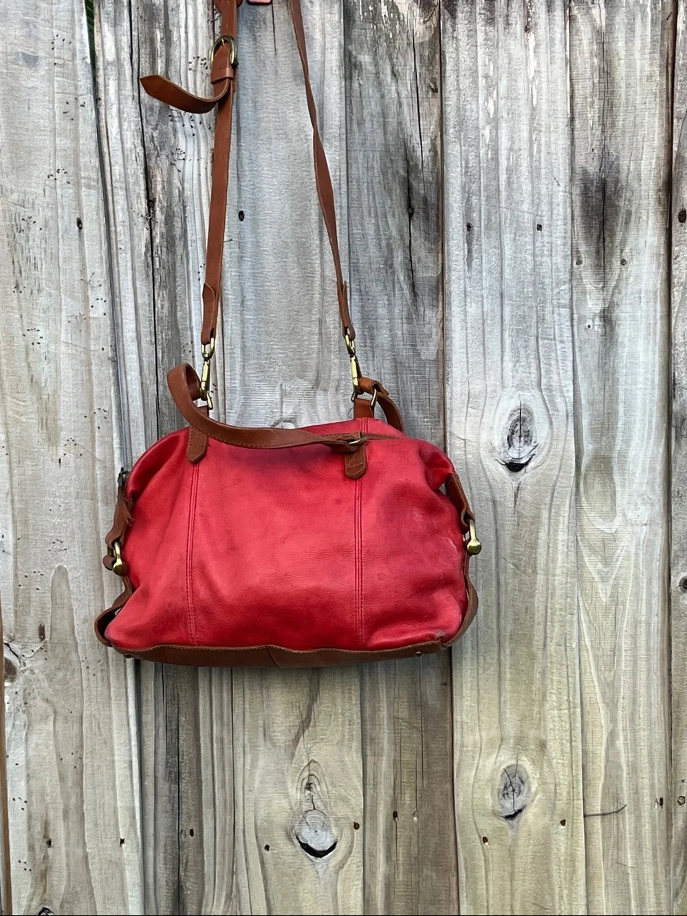 Red Leather Satchel Bag with Brown Handles
